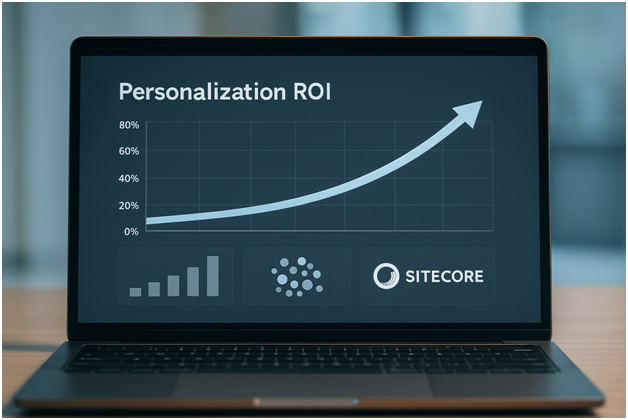 A dashboard showing a graph with increasing personalization ROI and Sitecore logos.