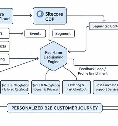 Diagram showing Sitecore OrderCloud and Sitecore CDP data flowing to create a personalized B2B customer journey.