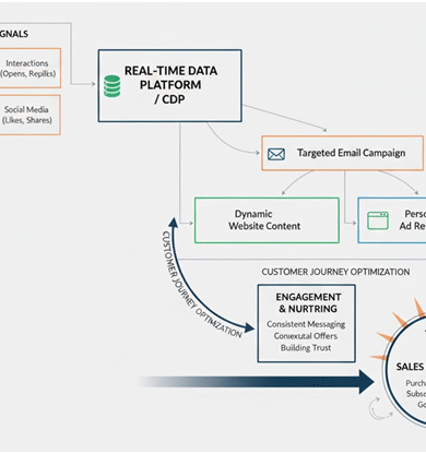 A flowchart diagram showing customer signals triggering personalized actions and leading to a sales conversion.