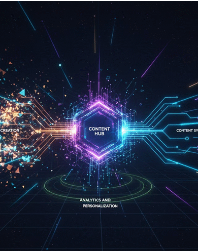 A diagram showing the flow of content from creation to distribution, centered around Sitecore Content Hub.
