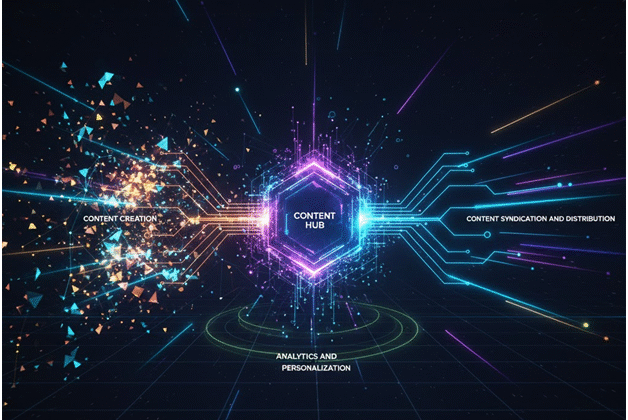 A diagram showing the flow of content from creation to distribution, centered around Sitecore Content Hub.