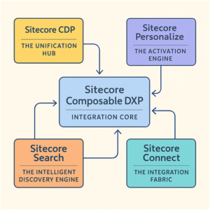 A diagram showing ERP, CRM, and Sitecore Search data flowing into a central Sitecore CDP hub.
